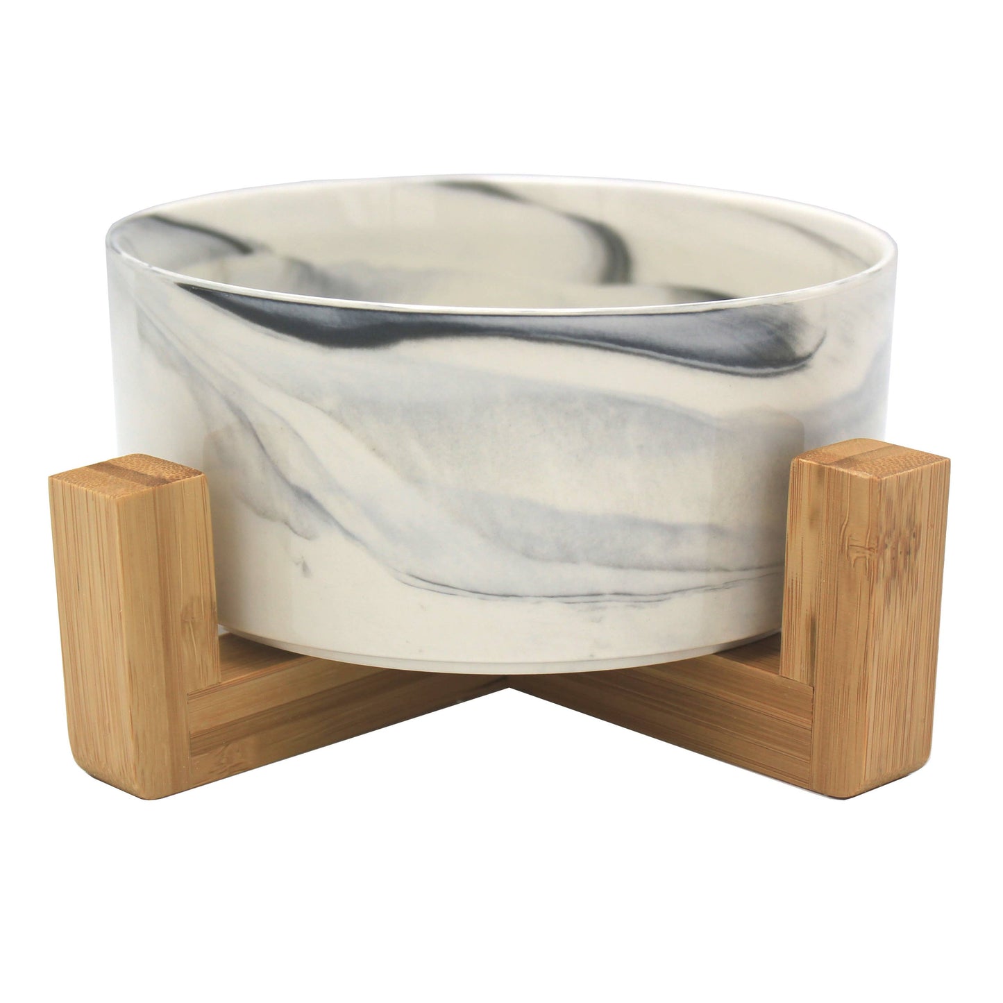Pet Wiz - Ceramic Bowl with Bamboo Stand for Dogs & Cats - 7 Colours - Marble Effect - Grey