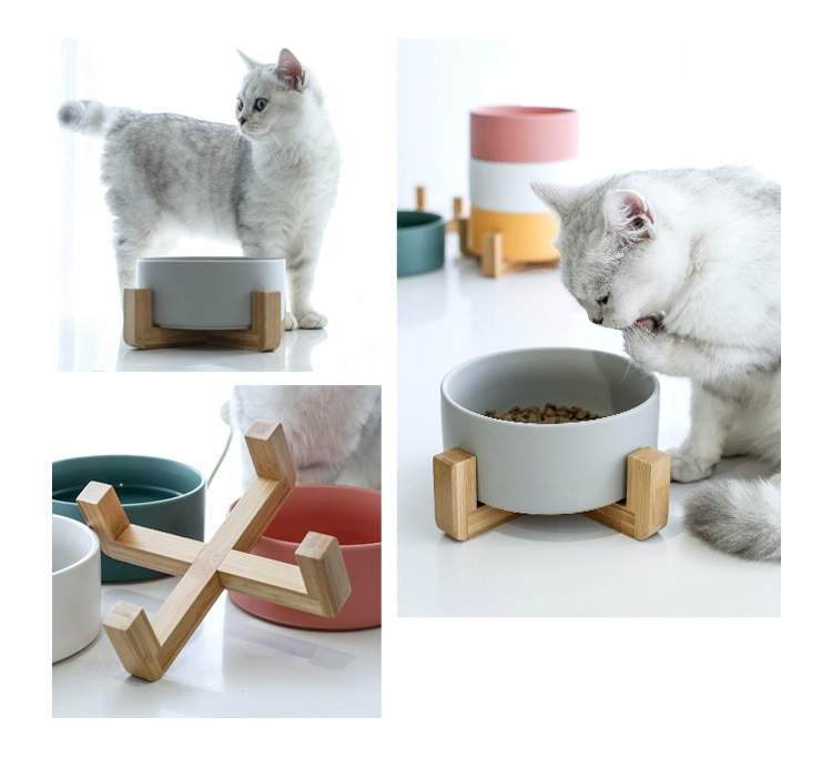 Pet Wiz - Ceramic Bowl with Bamboo Stand for Dogs & Cats - 7 Colours - Marble Effect - Grey
