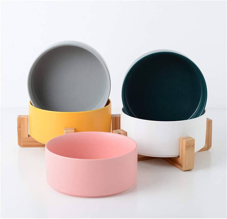 Pet Wiz - Ceramic Bowl with Bamboo Stand for Dogs & Cats - 7 Colours - Marble Effect - Grey