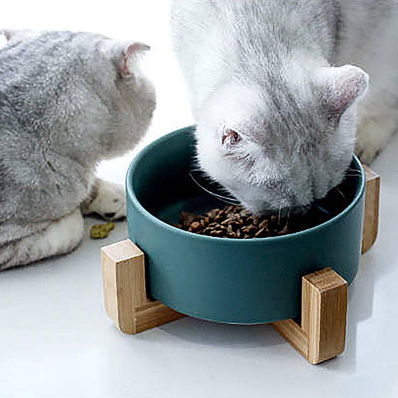 Pet Wiz - Ceramic Bowl with Bamboo Stand for Dogs & Cats - 7 Colours - Marble Effect - Grey