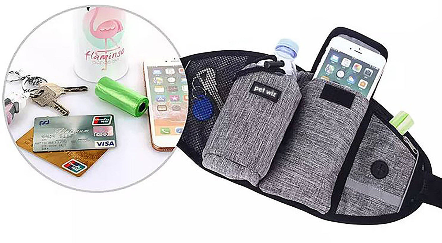 Pet Wiz - Hands Free Dog Running Lead with Wide Back Support Belt, Adjustable Waistband, Multiple Compartments, Dual Handles and Bungee Leads - Black