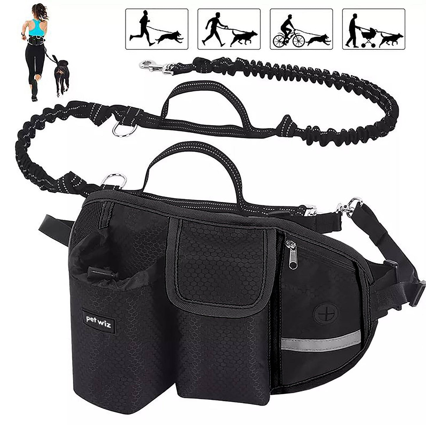 Pet Wiz - Hands Free Dog Running Lead with Wide Back Support Belt, Adjustable Waistband, Multiple Compartments, Dual Handles and Bungee Leads - Black
