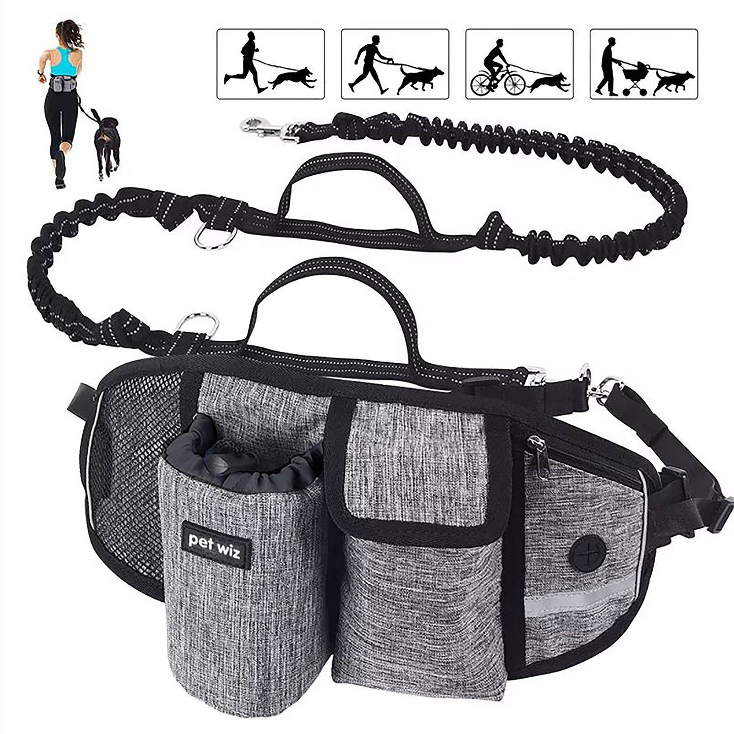 Pet Wiz - Hands Free Dog Running Lead with Wide Back Support Belt, Adjustable Waistband, Multiple Compartments, Dual Handles and Bungee Leads - Grey