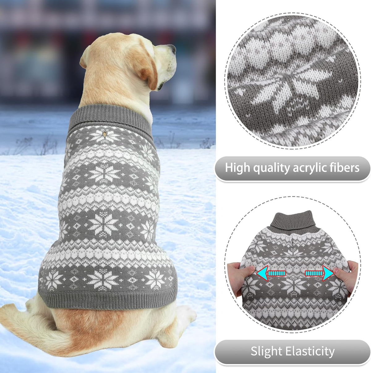 Cable Knit Dog Sweater Turtleneck, Cold Weather Pullover Classic Knitwear, Snowflake Pattern Thick Warm Winter Pet Clothes, Dog Christmas Sweater for Small Medium Large Dogs Cats, Grey L