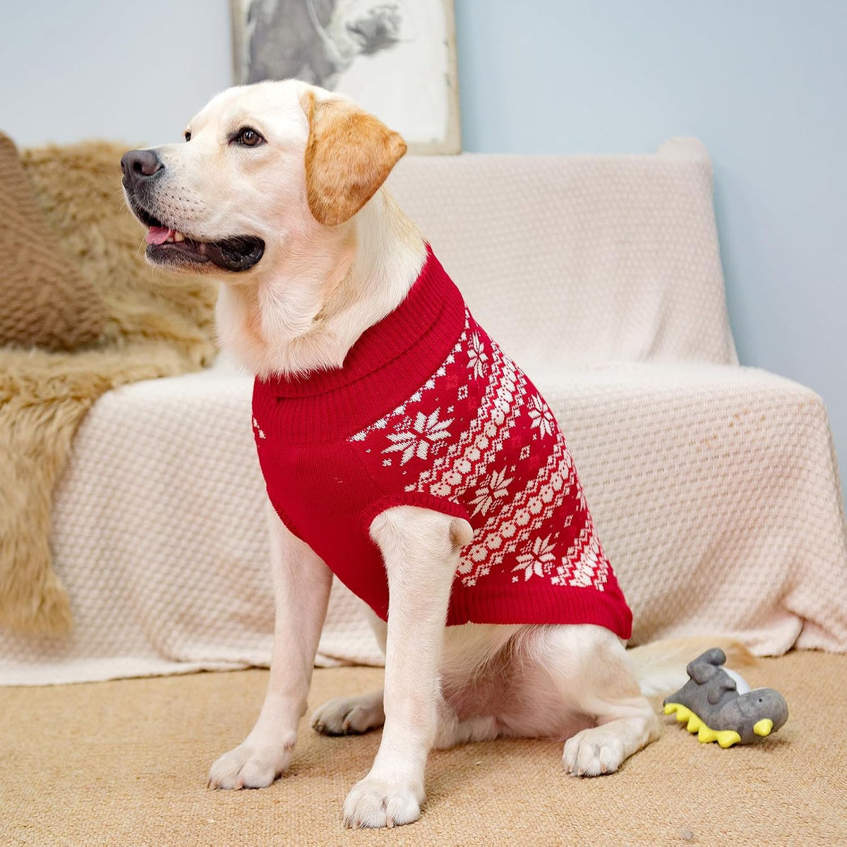 Cable Knit Small Dog Sweater Turtleneck, Cold Weather Pullover Classic Knitwear with Leash Hole, Snowflake Pattern Thick Warm Winter Pet Clothes, Dog Outfits Medium Christmas Sweater, Red M
