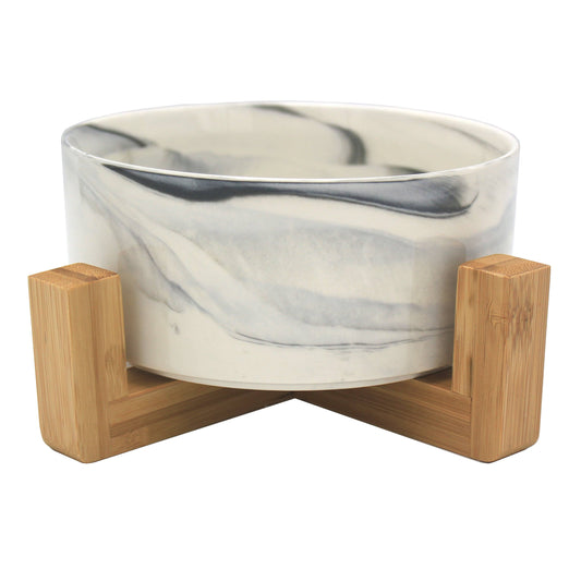 Pet Wiz - Ceramic Bowl with Bamboo Stand for Dogs & Cats - 7 Colours - Marble Effect - Grey