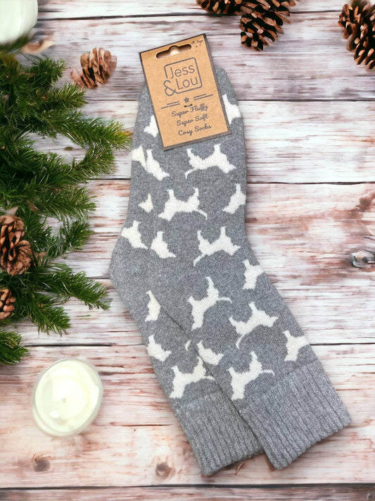 Jess & Lou - Dashing Dogs Ribbed Socks  - Grey
