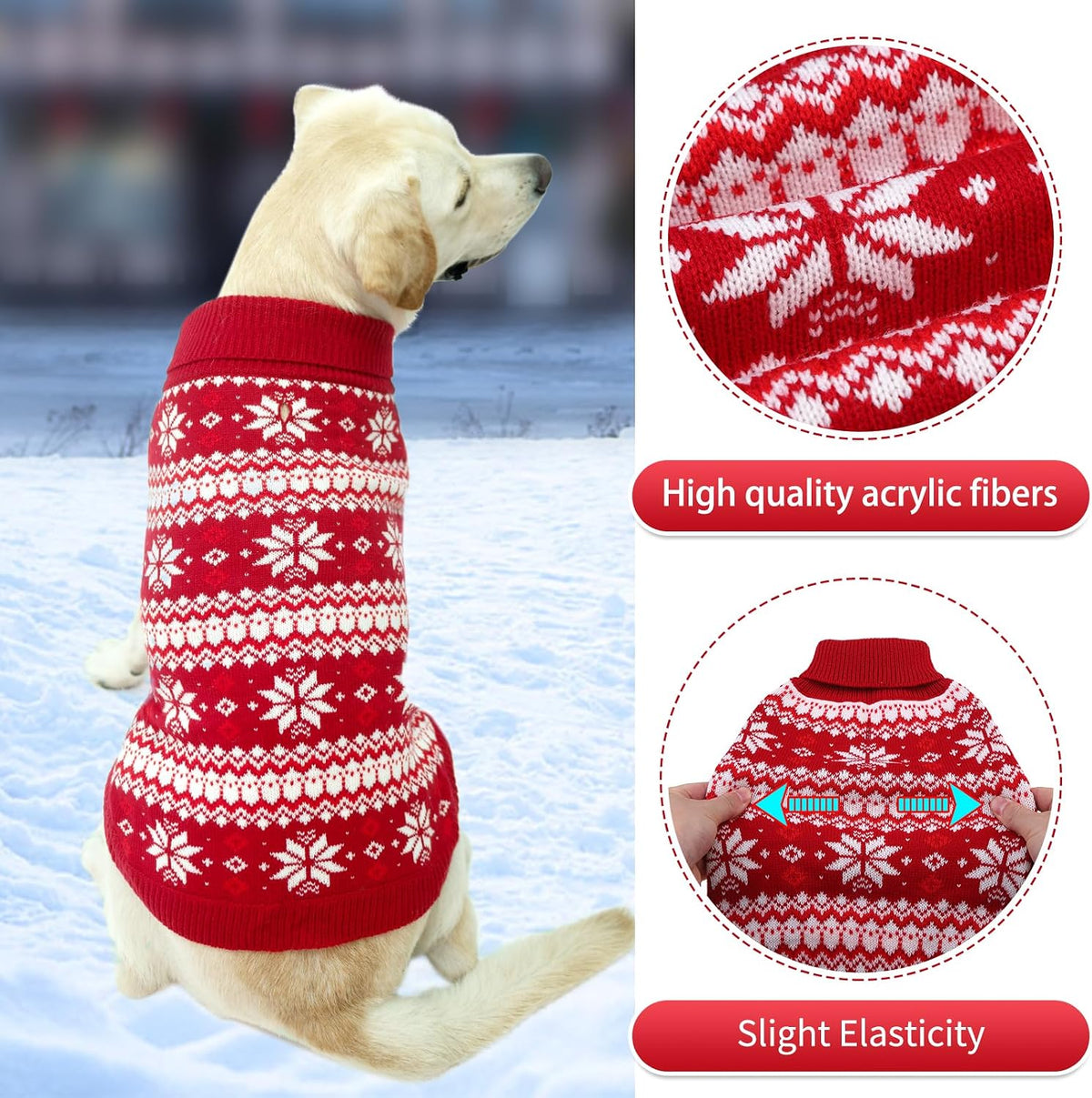 Cable Knit Small Dog Sweater Turtleneck, Cold Weather Pullover Classic Knitwear with Leash Hole, Snowflake Pattern Thick Warm Winter Pet Clothes, Dog Outfits Medium Christmas Sweater, Red M