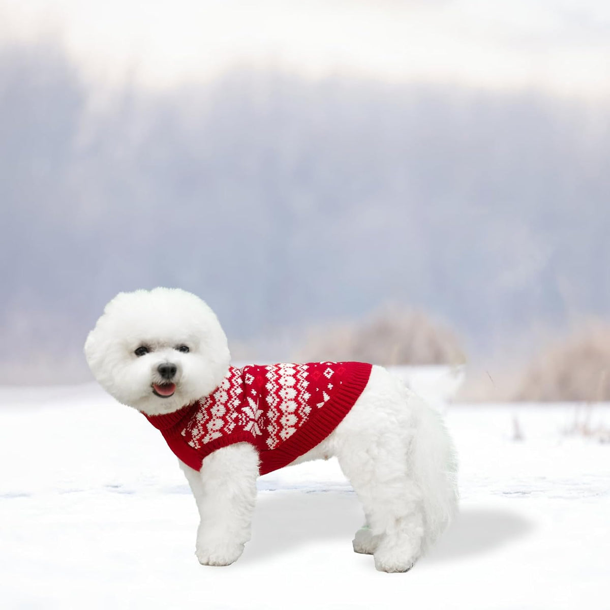 Cable Knit Small Dog Sweater Turtleneck, Cold Weather Pullover Classic Knitwear with Leash Hole, Snowflake Pattern Thick Warm Winter Pet Clothes, Dog Outfits Medium Christmas Sweater, Red M