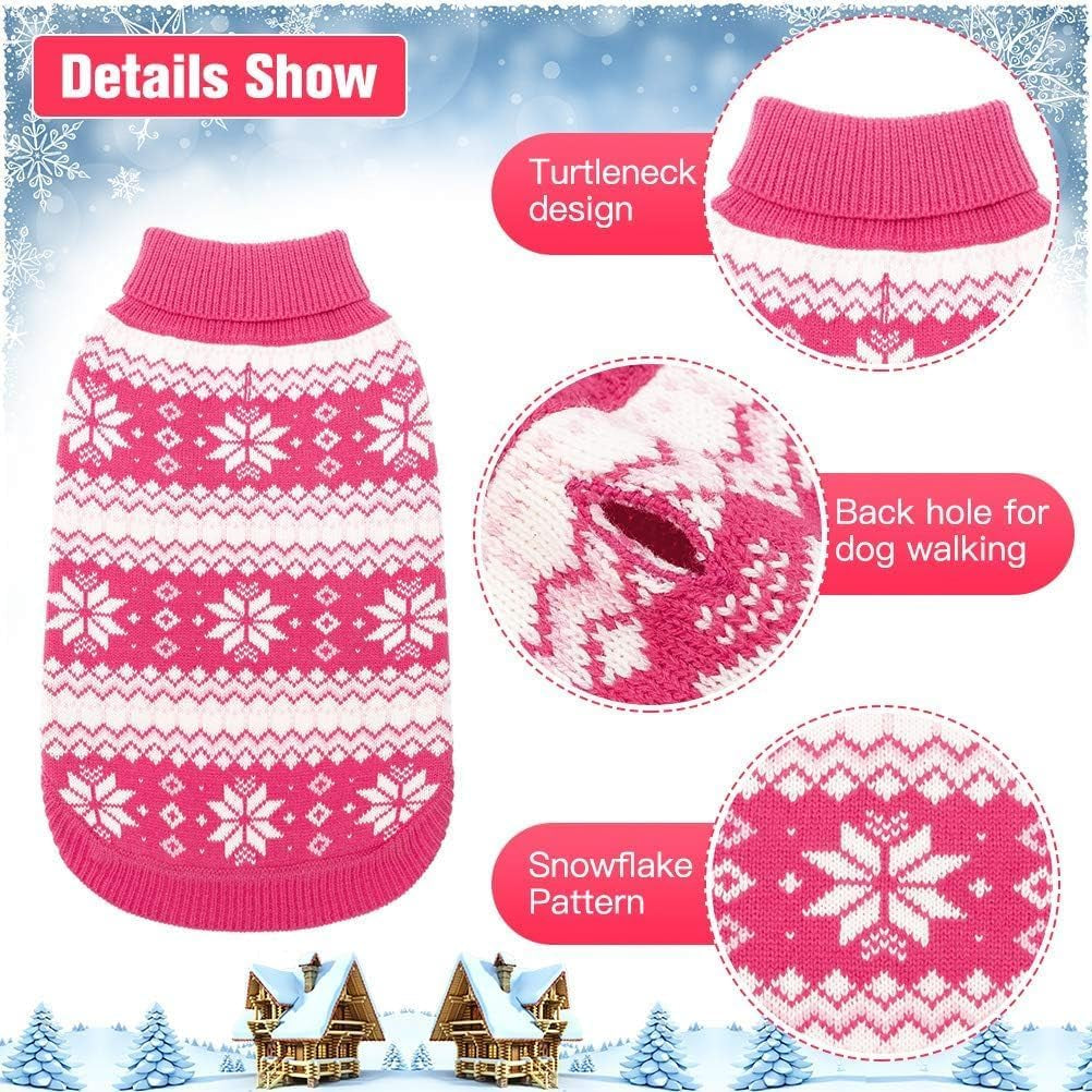 Cable Knit Dog Sweater Turtleneck, Cold Weather Pullover Classic Knitwear, Snowflake Pattern Thick Warm Winter Pet Clothes, Dog Christmas Sweater for Small Medium Large Dogs Girl, Pink ML