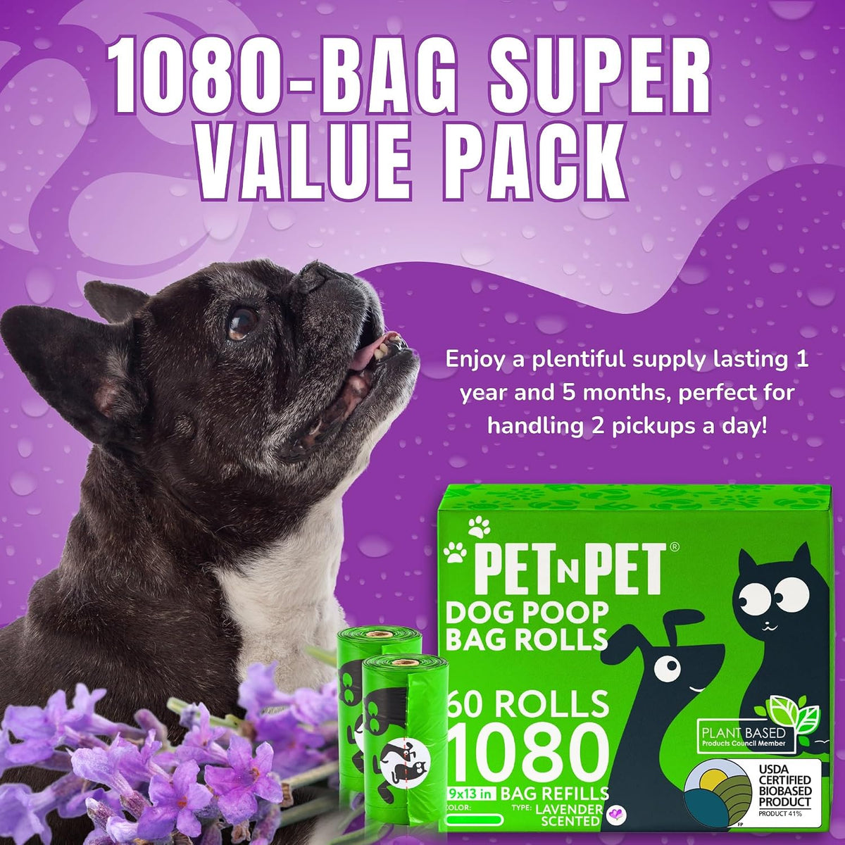 Dog Poop Bag, Leak Proof and Extra Thick, Lavender Scented