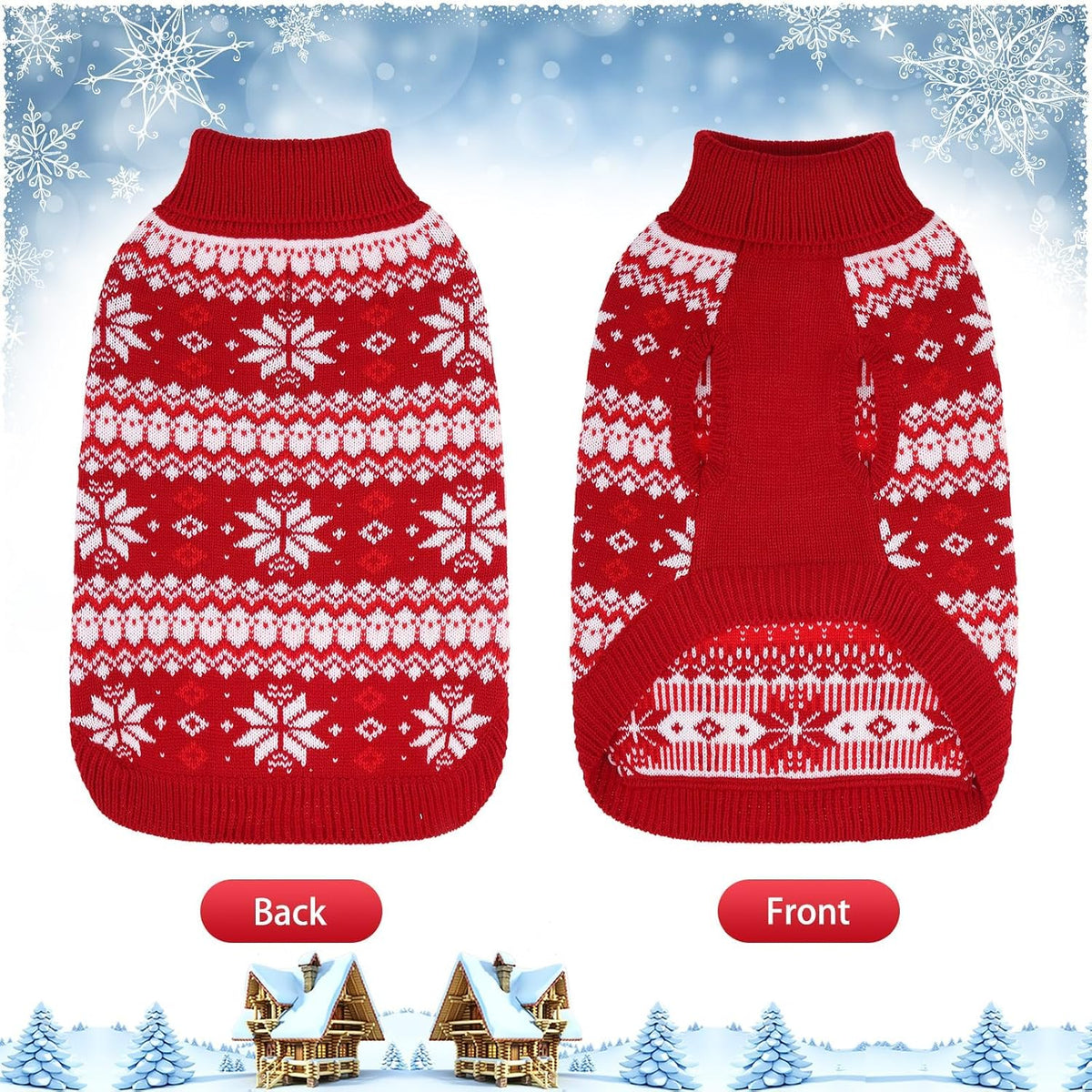 Cable Knit Small Dog Sweater Turtleneck, Cold Weather Pullover Classic Knitwear with Leash Hole, Snowflake Pattern Thick Warm Winter Pet Clothes, Dog Outfits Medium Christmas Sweater, Red M