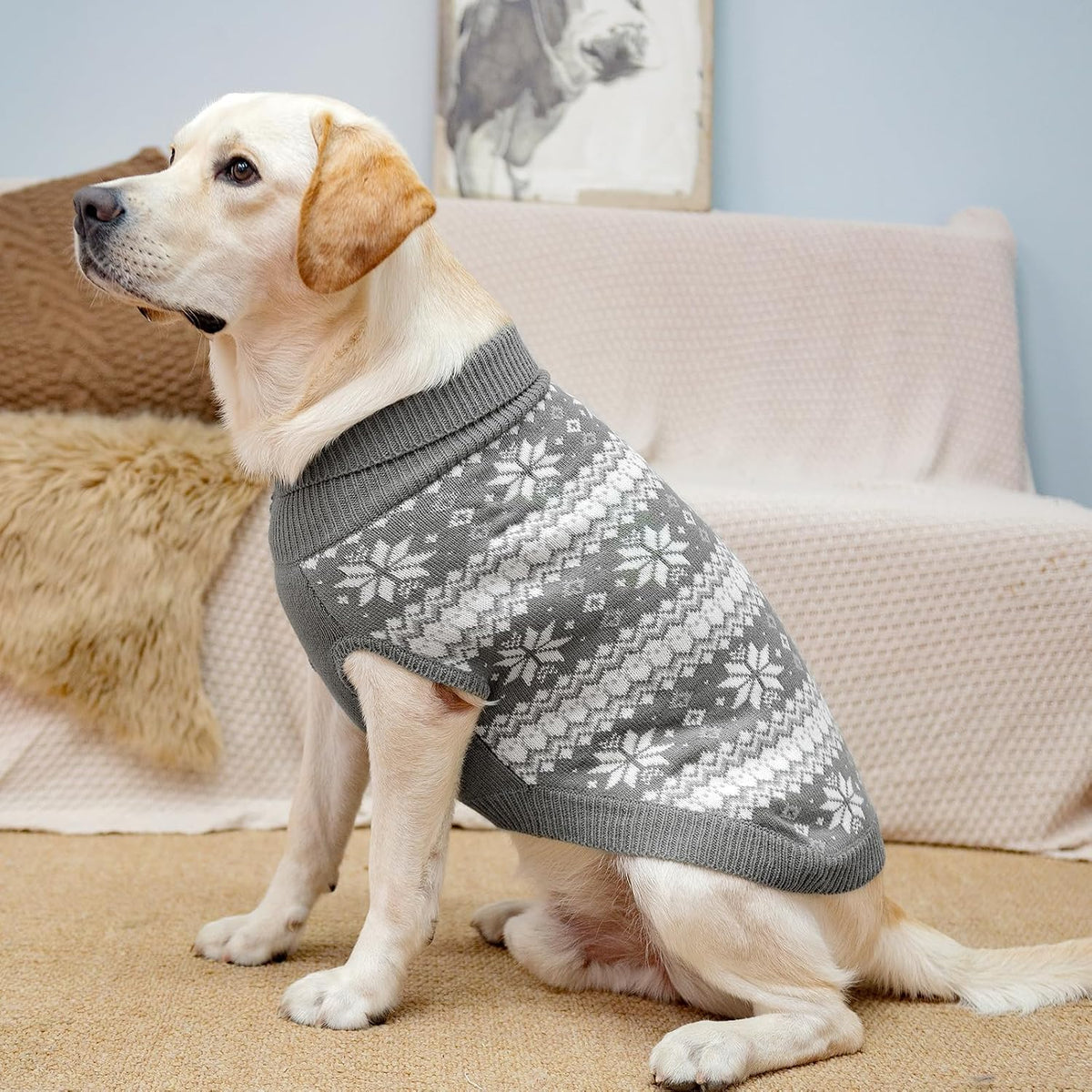 Cable Knit Dog Sweater Turtleneck, Cold Weather Pullover Classic Knitwear, Snowflake Pattern Thick Warm Winter Pet Clothes, Dog Christmas Sweater for Small Medium Large Dogs Cats, Grey L