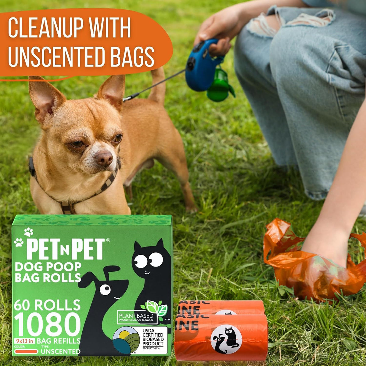 Dog Poop Bag, Leak Proof and Extra Thick, Unscented, Orange