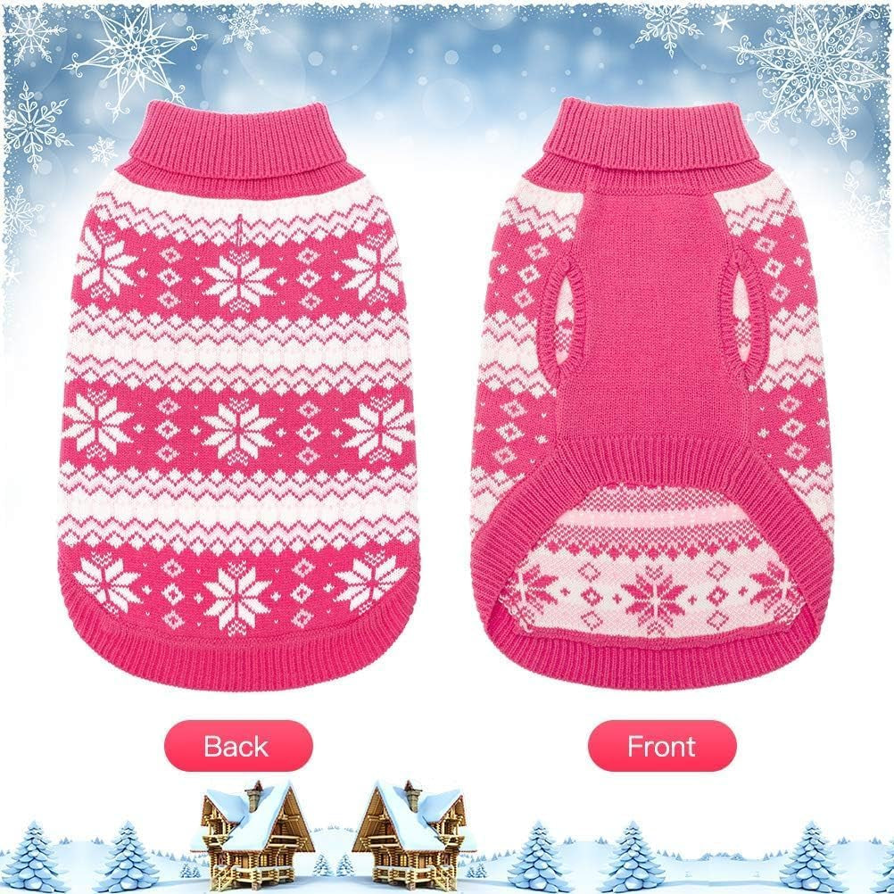 Cable Knit Dog Sweater Turtleneck, Cold Weather Pullover Classic Knitwear, Snowflake Pattern Thick Warm Winter Pet Clothes, Dog Christmas Sweater for Small Medium Large Dogs Girl, Pink ML