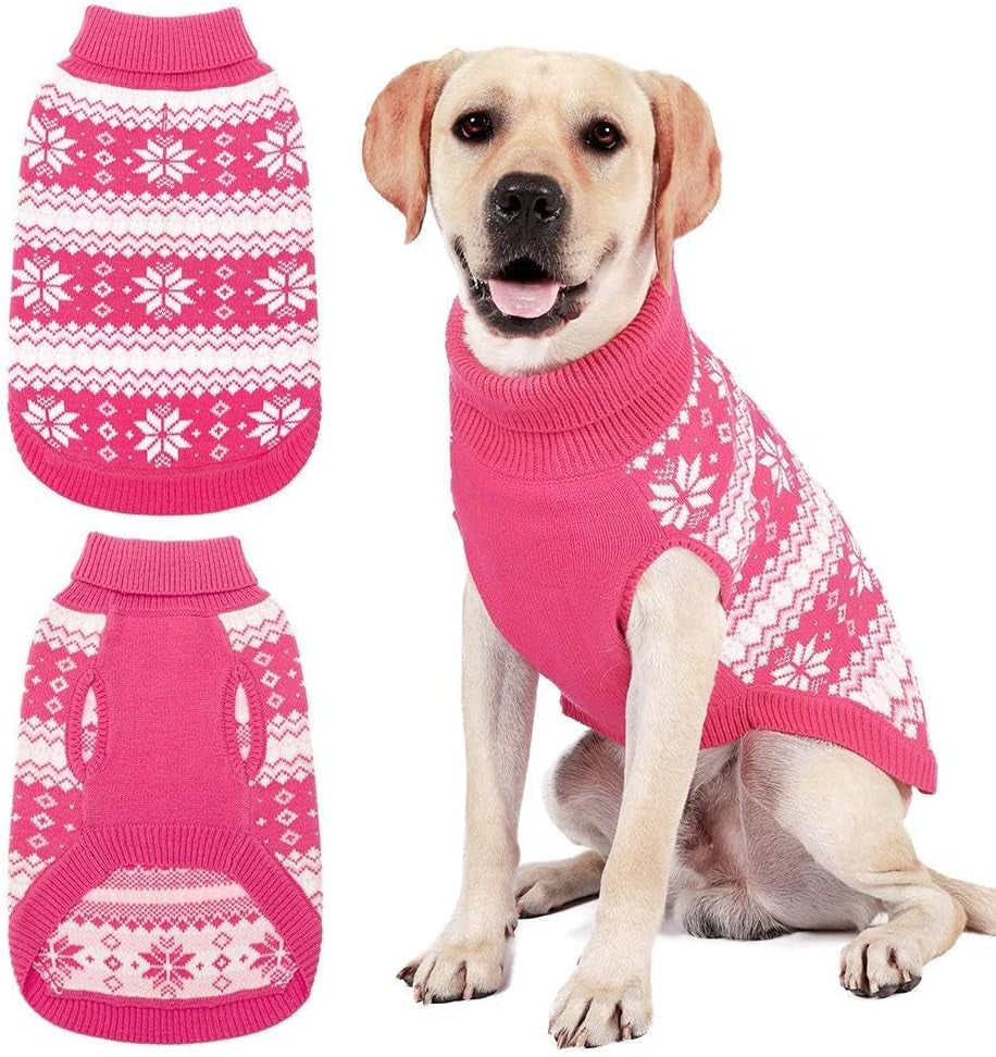 Cable Knit Dog Sweater Turtleneck, Cold Weather Pullover Classic Knitwear, Snowflake Pattern Thick Warm Winter Pet Clothes, Dog Christmas Sweater for Small Medium Large Dogs Girl, Pink ML