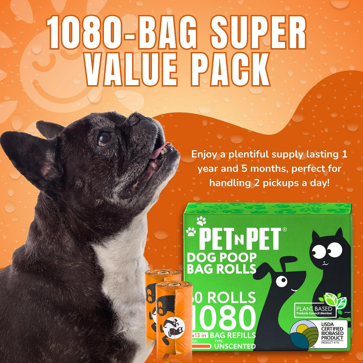 Dog Poop Bag, Leak Proof and Extra Thick, Unscented, Orange