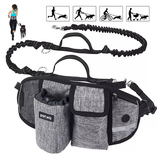 Pet Wiz - Hands Free Dog Running Lead with Wide Back Support Belt, Adjustable Waistband, Multiple Compartments, Dual Handles and Bungee Leads - Grey