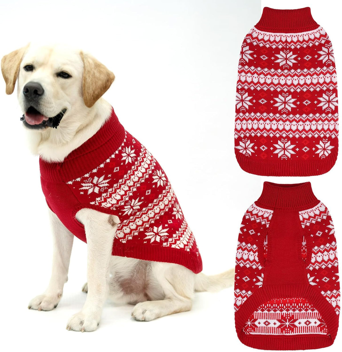 Cable Knit Small Dog Sweater Turtleneck, Cold Weather Pullover Classic Knitwear with Leash Hole, Snowflake Pattern Thick Warm Winter Pet Clothes, Dog Outfits Medium Christmas Sweater, Red M