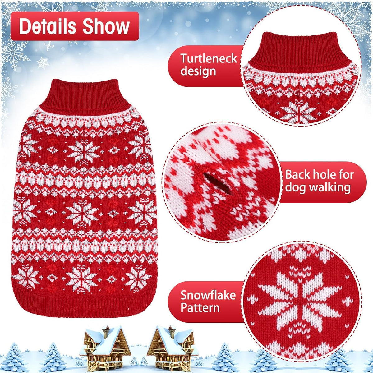 Cable Knit Small Dog Sweater Turtleneck, Cold Weather Pullover Classic Knitwear with Leash Hole, Snowflake Pattern Thick Warm Winter Pet Clothes, Dog Outfits Medium Christmas Sweater, Red M