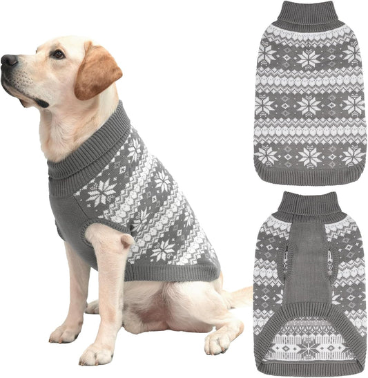Cable Knit Dog Sweater Turtleneck, Cold Weather Pullover Classic Knitwear, Snowflake Pattern Thick Warm Winter Pet Clothes, Dog Christmas Sweater for Small Medium Large Dogs Cats, Grey L